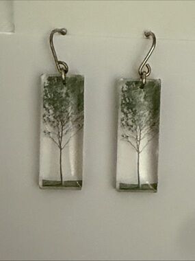 Handmade Green Tree Resin Rectangle Drop Earrings